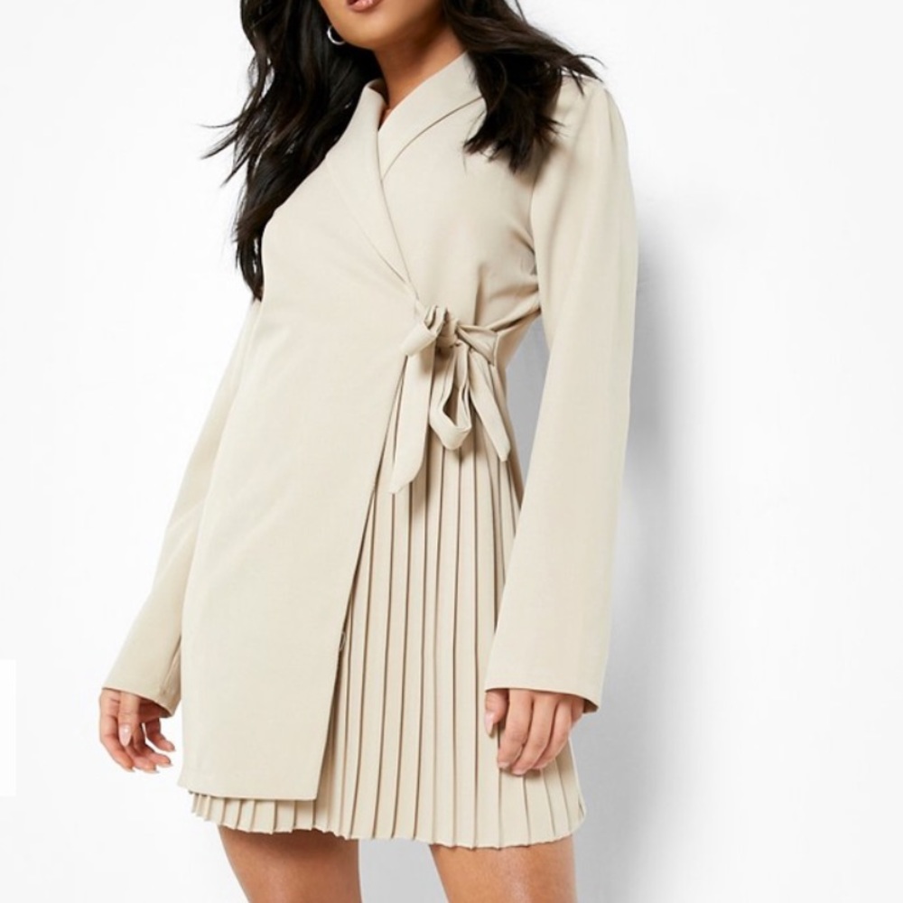 Boohoo wrap pleated blazer dress in stone/beige. US size 4.